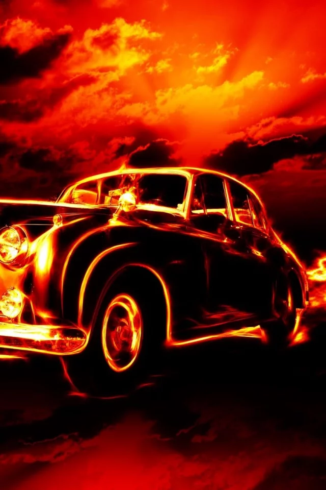 classic car, clouds, fire, flame, horrorred, sky, hell