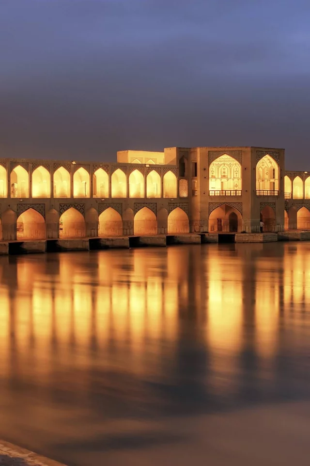 lights, islamic architecture, iran, night, river, architecture
