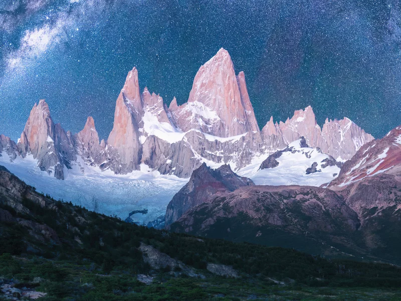 landscape, mountains, forest, snow, stars