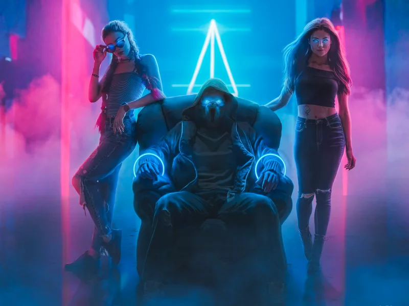 bad boy, bad girls, neon, light, night, club, mask, cyberpunk