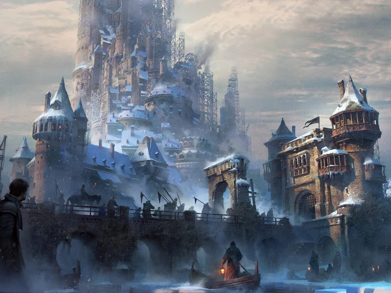 fantasy, castle, people, bridge, boat, magician