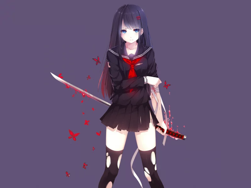 long hair, blue eyes, anime, school uniform, black hair, blood