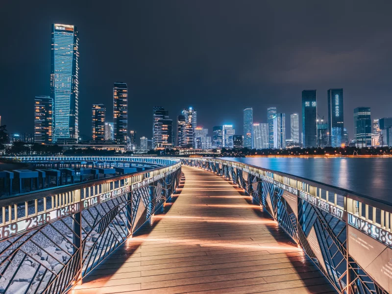 hong kong, city, wooden, pier, shenzhen bay, cityscape, skyline