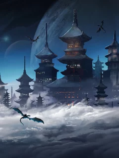 fantasy, city, clouds, dragon, flying ship