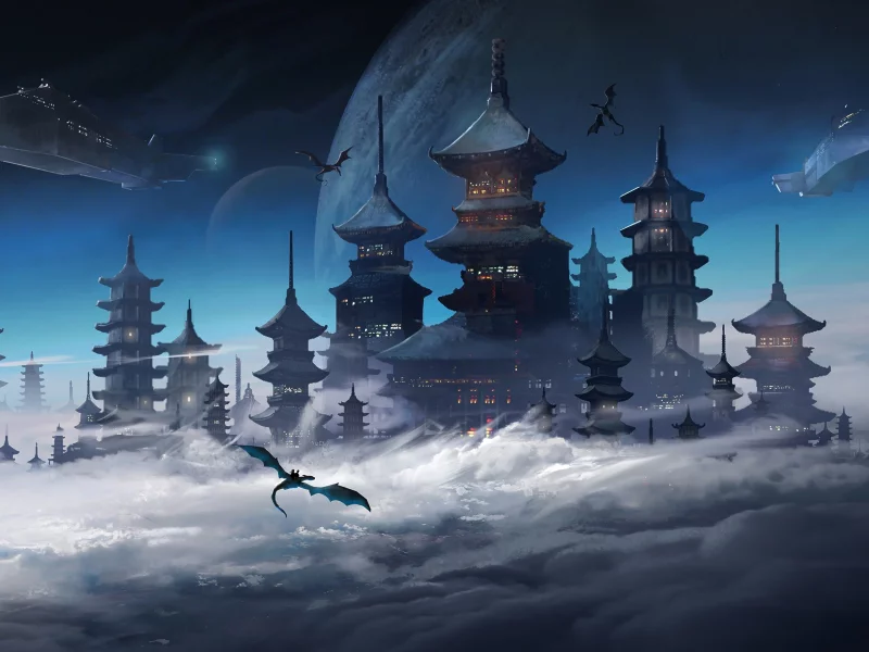 fantasy, city, clouds, dragon, flying ship