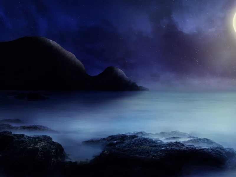 landscape, night, mountain, sea, moon