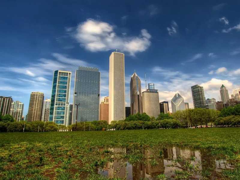 city, sky, grass, reflection