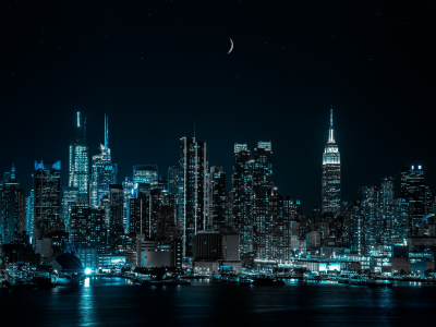 new york city, cityscape, night, city, lights, half moon