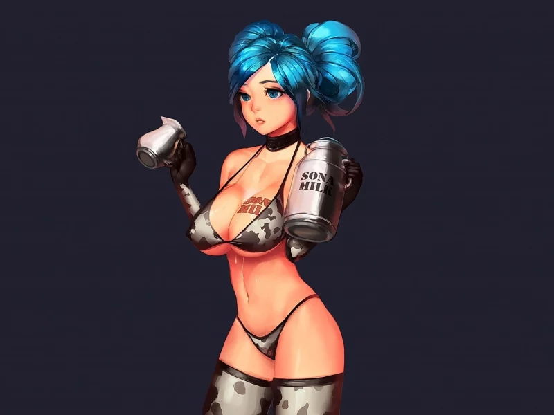 anime girls, bikini, sona league of legends, anime, looking away, big boobs