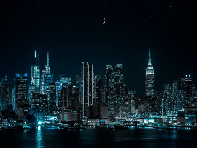new york city, cityscape, night, city, lights, half moon