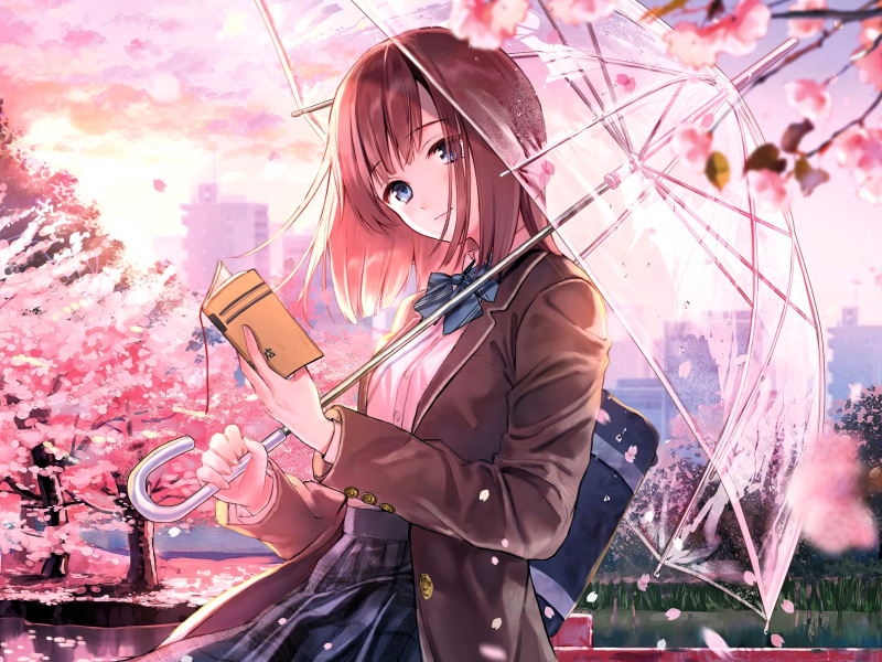 Anime girl with a book and an umbrella in hand