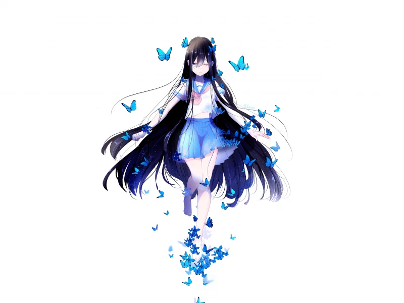 Anime girl with long hair with blue butterflies